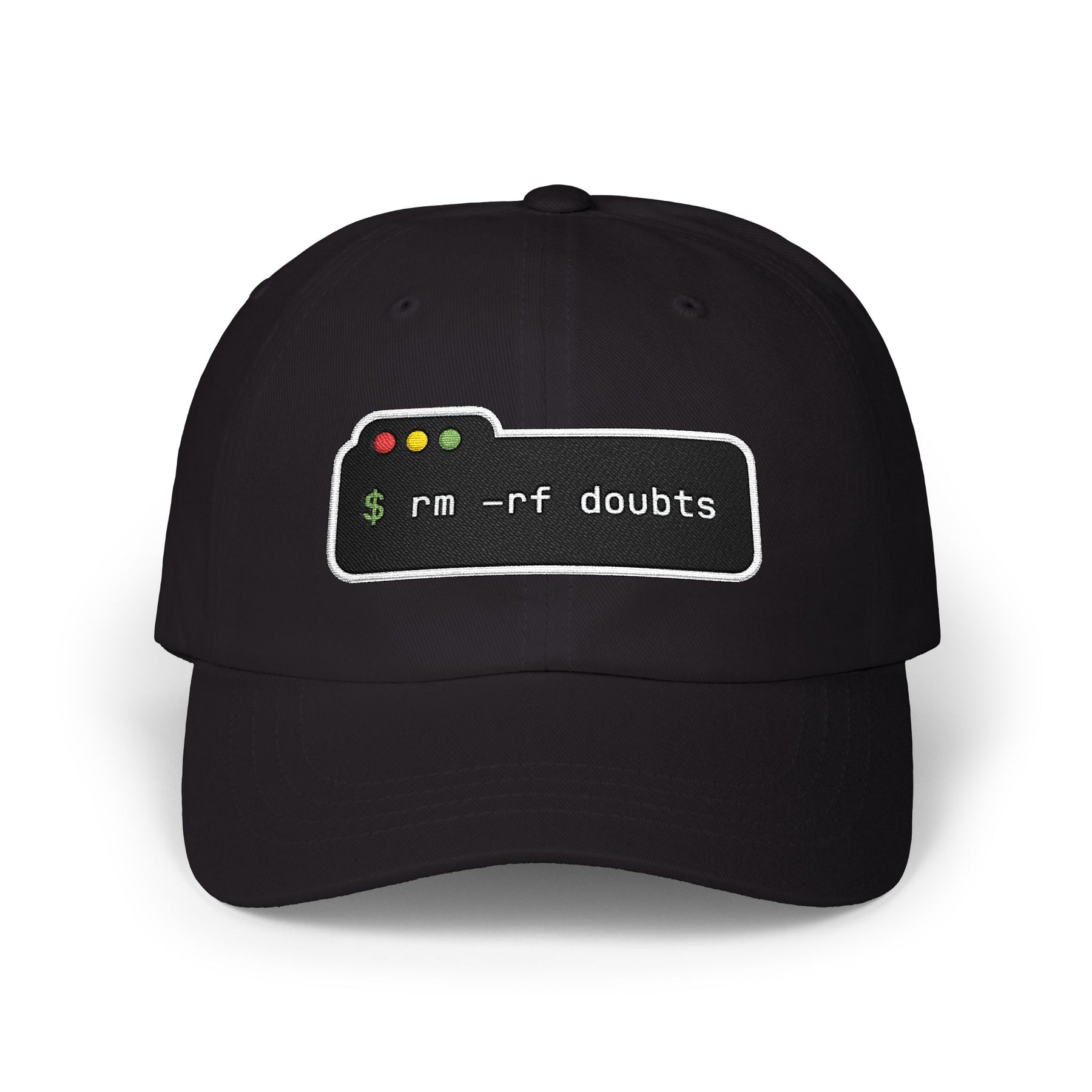 Dad Cap — “rm -rf doubts” Terminal Code Embroidery Hat