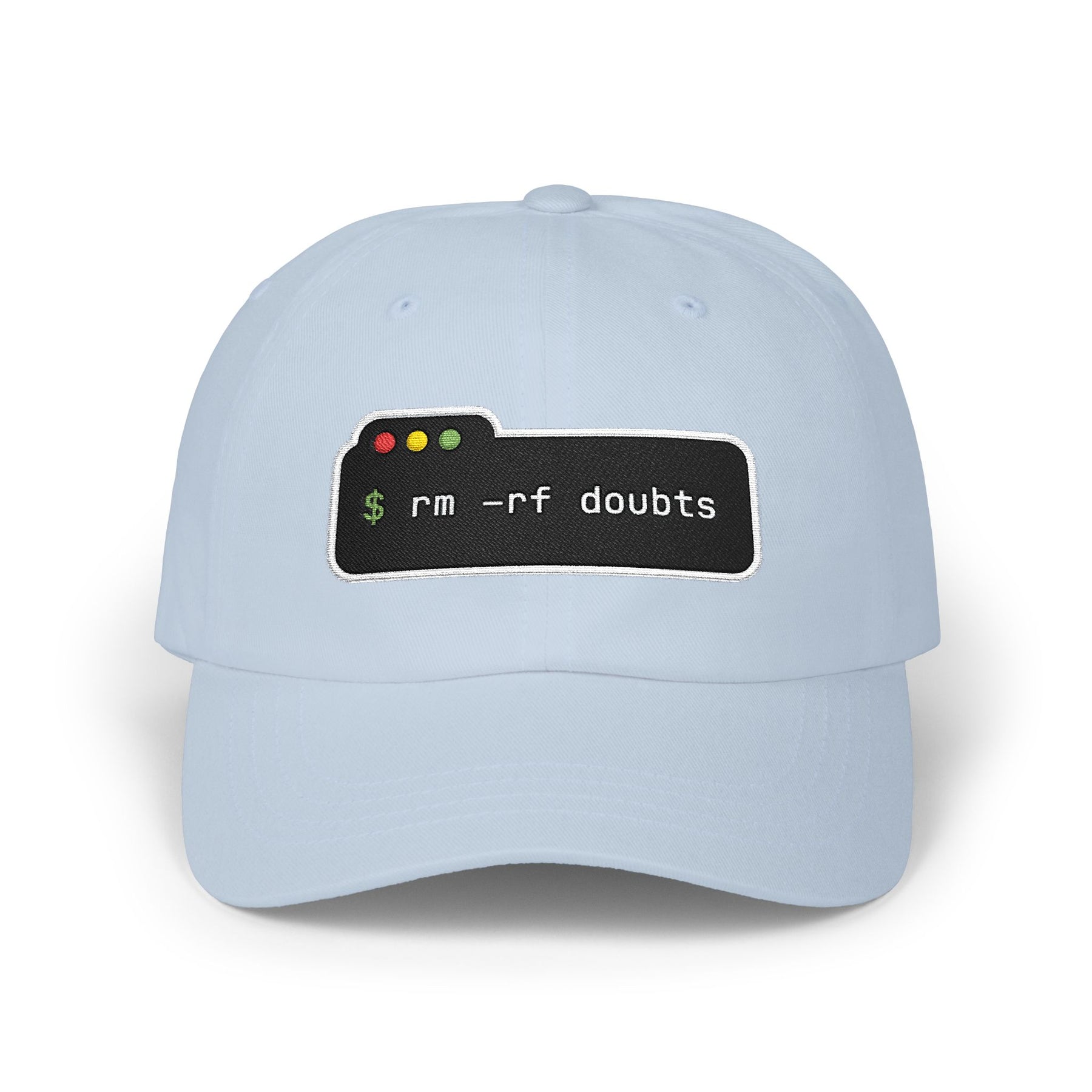 Dad Cap — “rm -rf doubts” Terminal Code Embroidery Hat