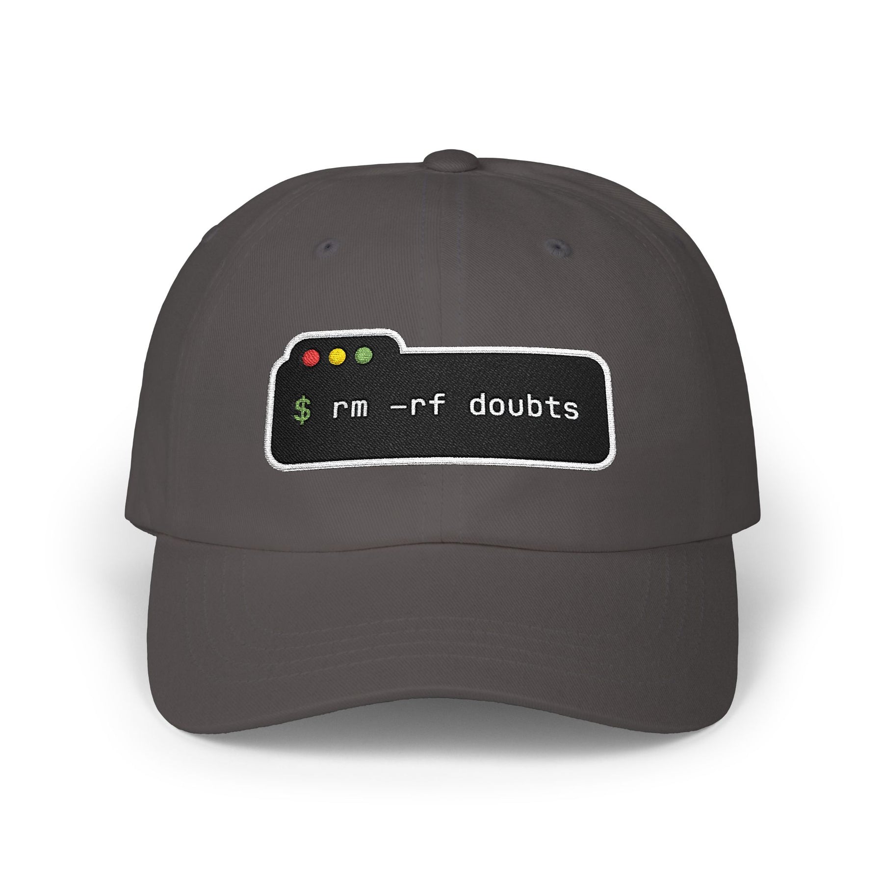 Dad Cap — “rm -rf doubts” Terminal Code Embroidery Hat