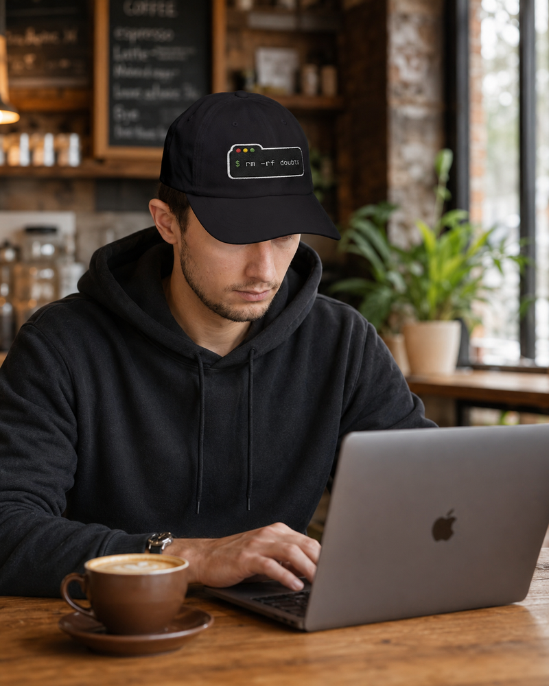 Dad Cap — “rm -rf doubts” Terminal Code Embroidery Hat