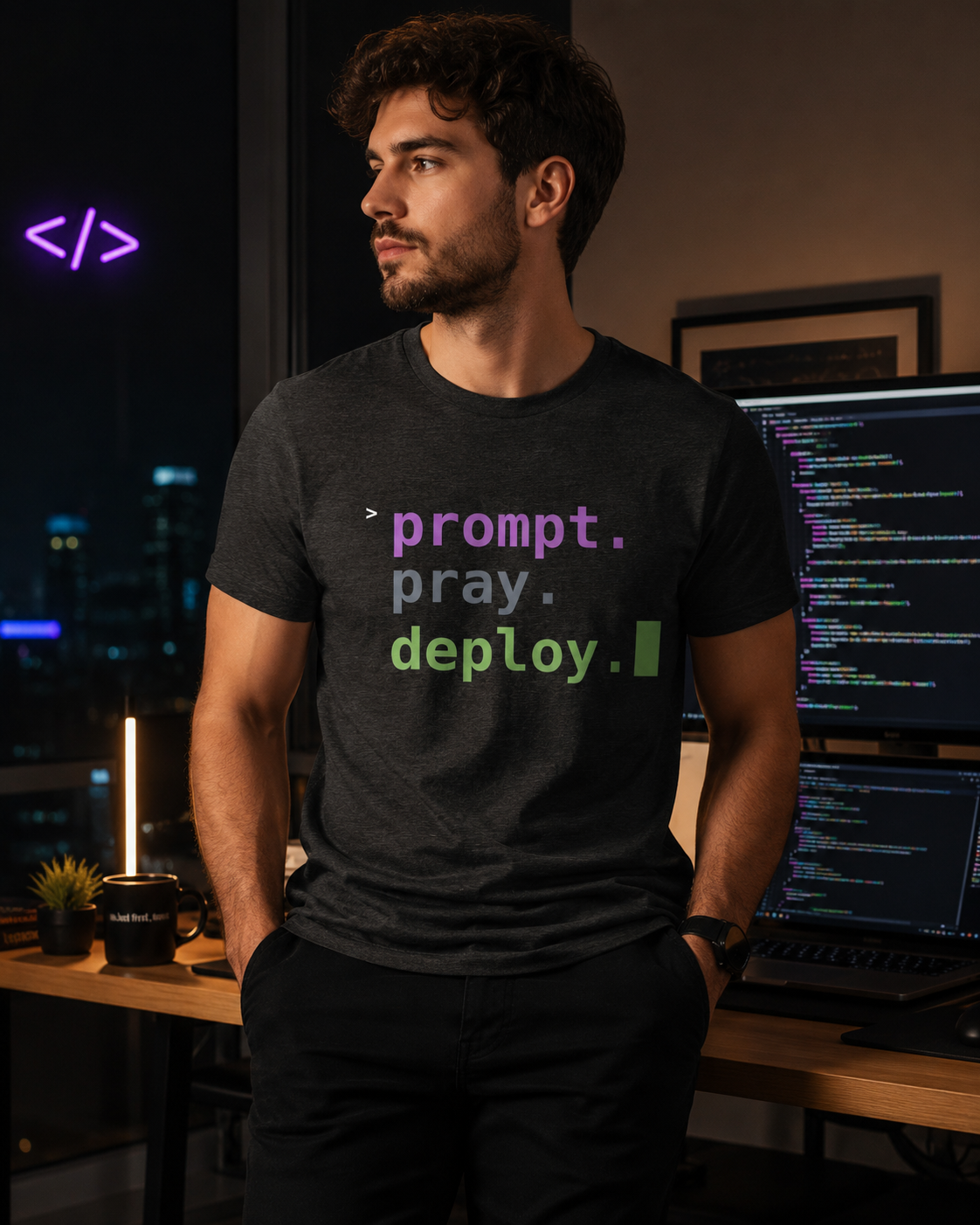 Prompt. Pray. Deploy. T-Shirt | Vibe Coder Tee
