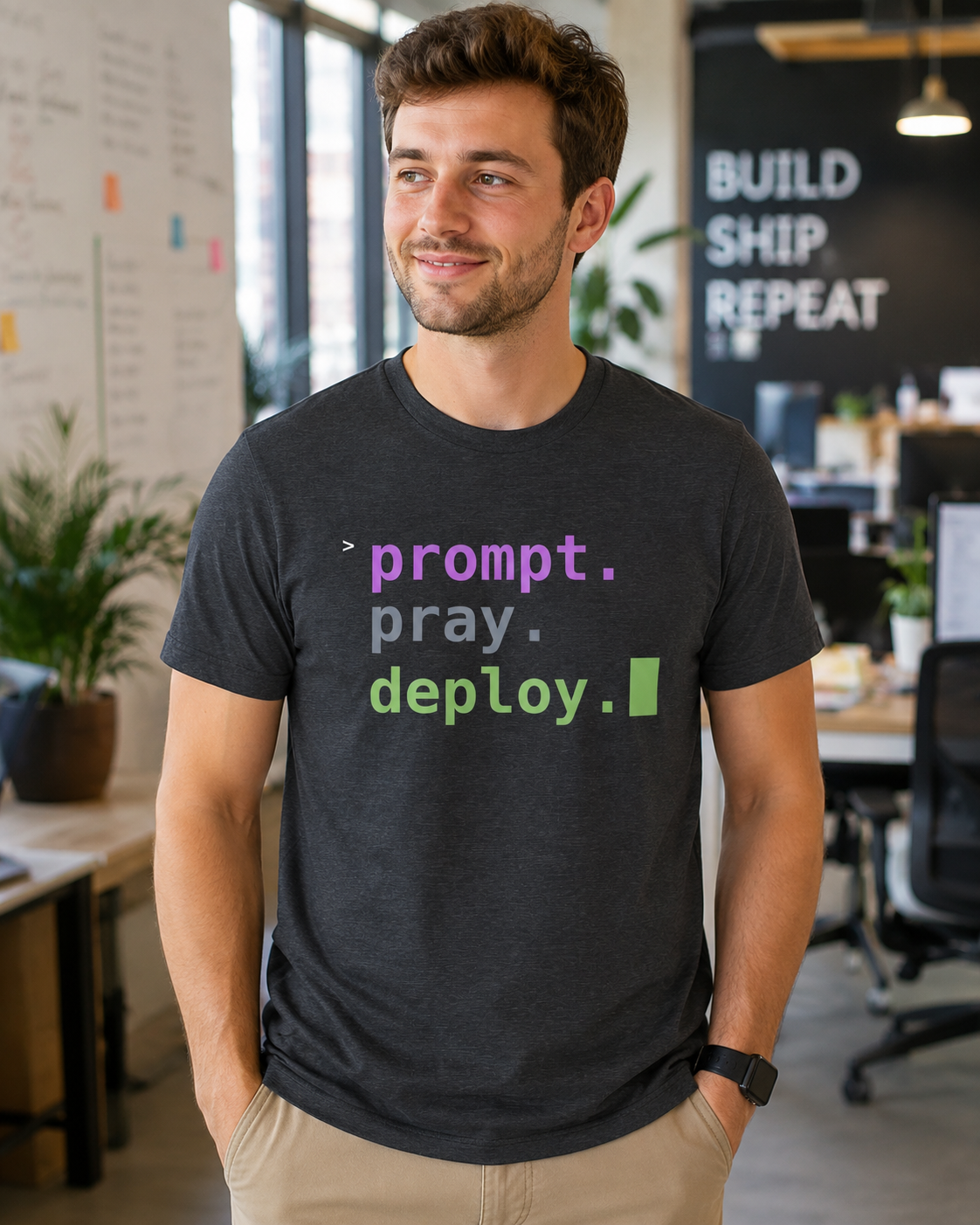 Prompt. Pray. Deploy. T-Shirt | Vibe Coder Tee