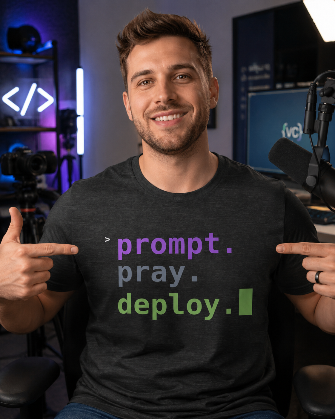 Prompt. Pray. Deploy. T-Shirt | Vibe Coder Tee