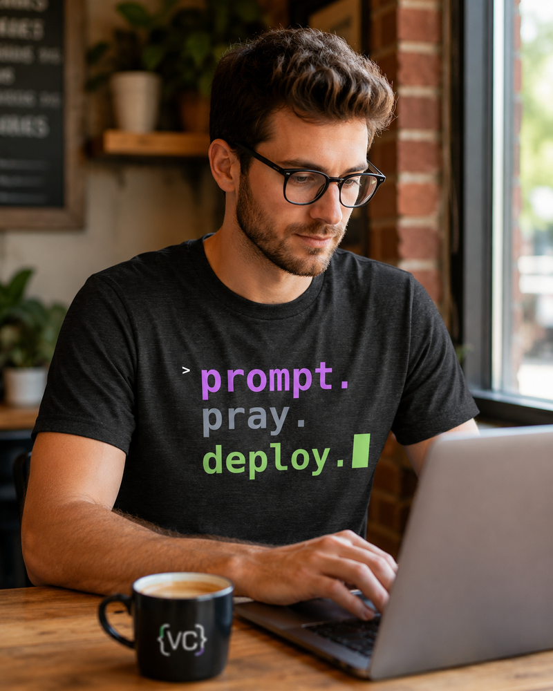 Prompt. Pray. Deploy. T-Shirt | Vibe Coder Tee