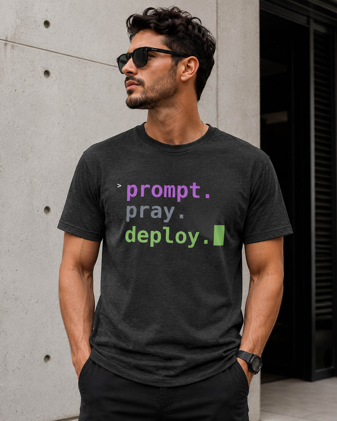 Prompt. Pray. Deploy. T-Shirt | Vibe Coder Tee