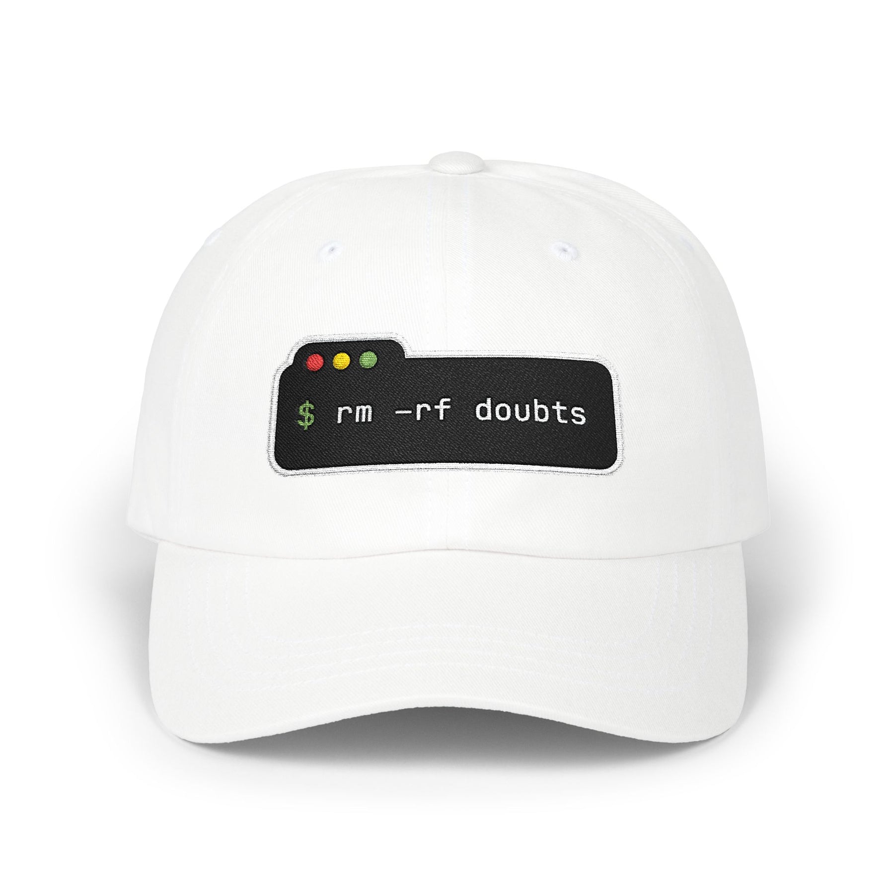 Dad Cap — “rm -rf doubts” Terminal Code Embroidery Hat