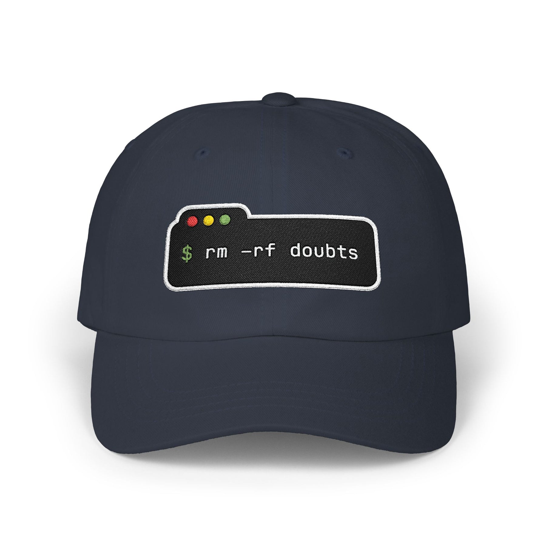 Dad Cap — “rm -rf doubts” Terminal Code Embroidery Hat