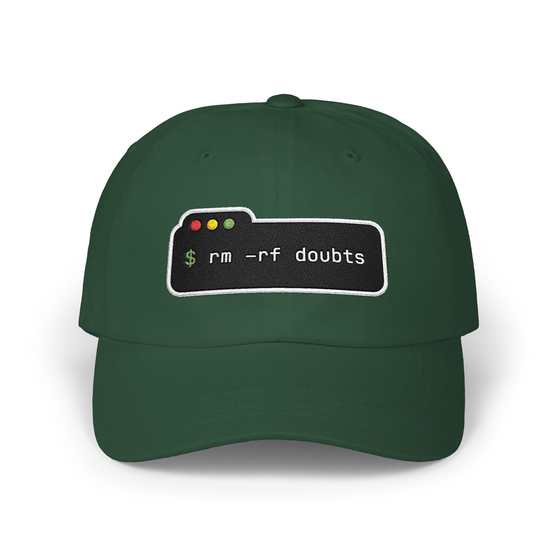 Dad Cap — “rm -rf doubts” Terminal Code Embroidery Hat